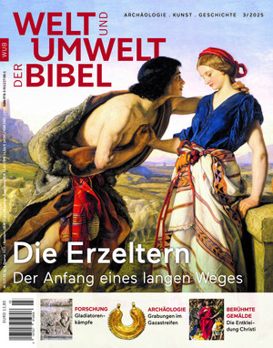 Das Cover zeigt eine romantisierte Darstellung zweier junger Menschen in zeitloser Landschaft. Ein Mann in Fellkleidung greift nach der Hand einer Frau, deren farbiges Tuch und Haltung Ruhe und Würde ausstrahlen. Die Szene verbindet biblische Erzähltradition mit klassischer Kunstästhetik.