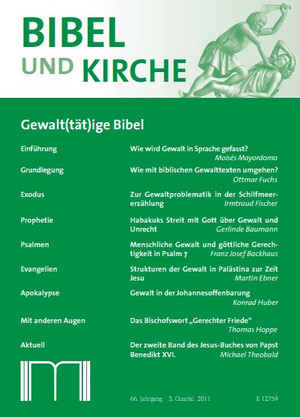 Das Cover zeigt oben den Titel Bibel und Kirche, rechts daneben eine schwarz-weiße Illustration einer biblischen Figur. Der große grüne Bereich darunter enthält die in Weiß gesetzten Artikelüberschriften. Am unteren Rand steht das Logo des Katholischen Bibelwerks.